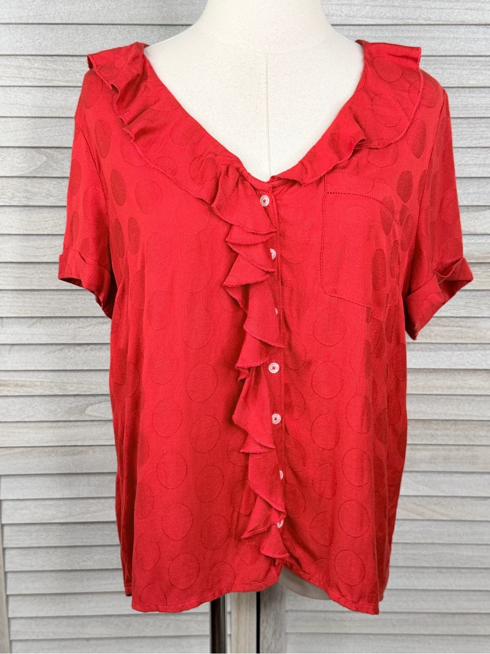MAEVE (Anthropologie) Women's "Jojo" Ruffled Top Red Polka Dot Jacquard-Medium